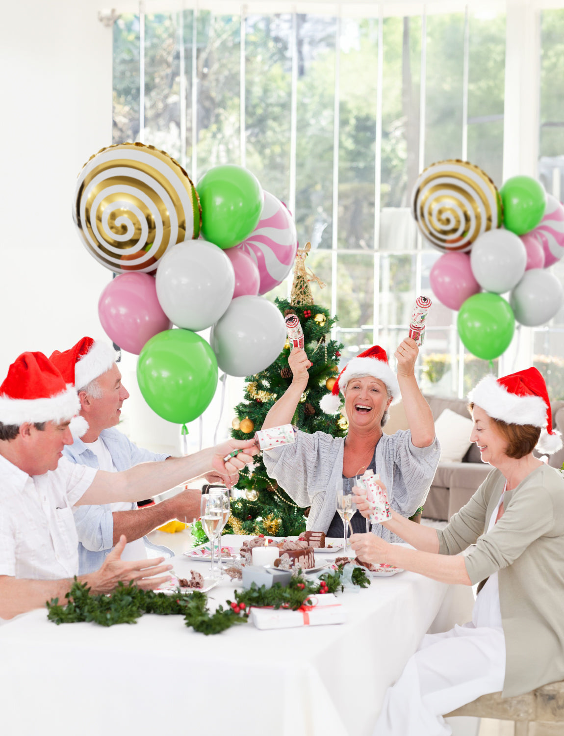 Pink Christmas Balloons 50Pcs Xmas Balloons Set Pink Green White Latex Balloons with Sweet Candy Foil Balloons Green Pink Gold Lollipop Balloons for Christmas Candies Theme Party Decorations