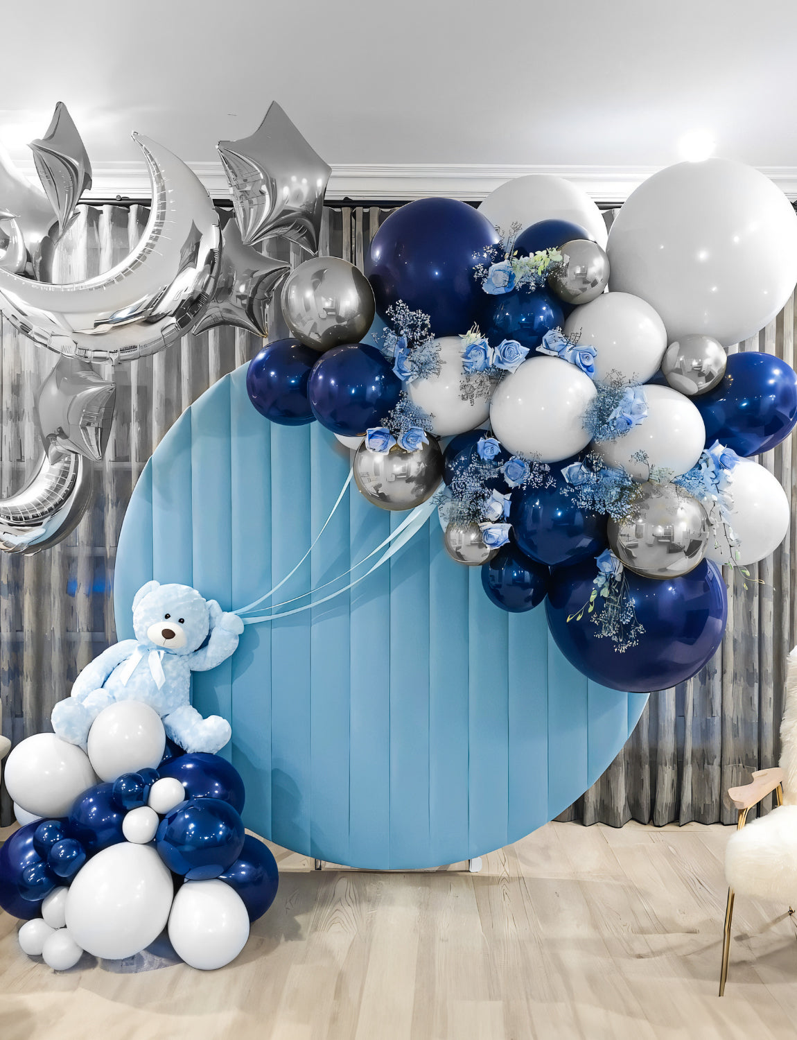Navy Blue and Silver Balloon Arch Kit Garland - 134Pcs Blue and Silver Balloon Arch Kit, Navy White Balloons with Silvery Confetti Balloons for Birthday Baby Shower Wedding Graduation Party Decoration