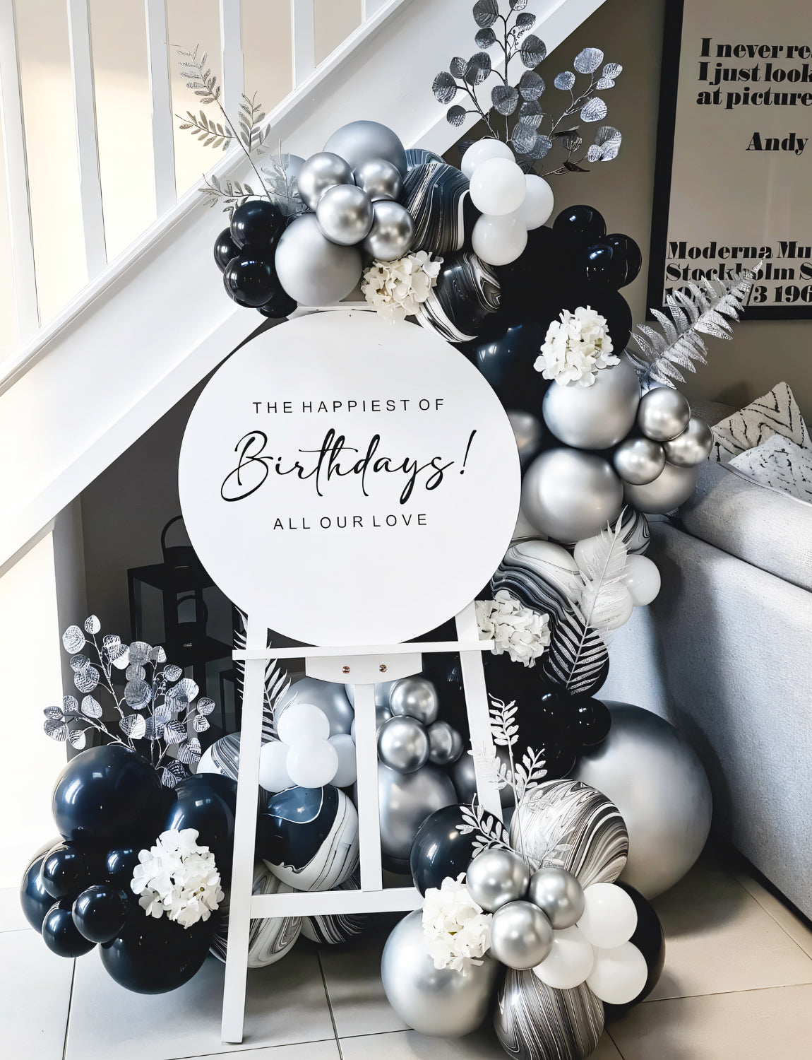 Black White Silver Balloon Arch Kit Garland - 135Pcs Black and White Balloon Arch, Metallic Silver Latex Confetti Balloons for Birthday Baby Shower Wedding Graduation Anniversary Party Decorations