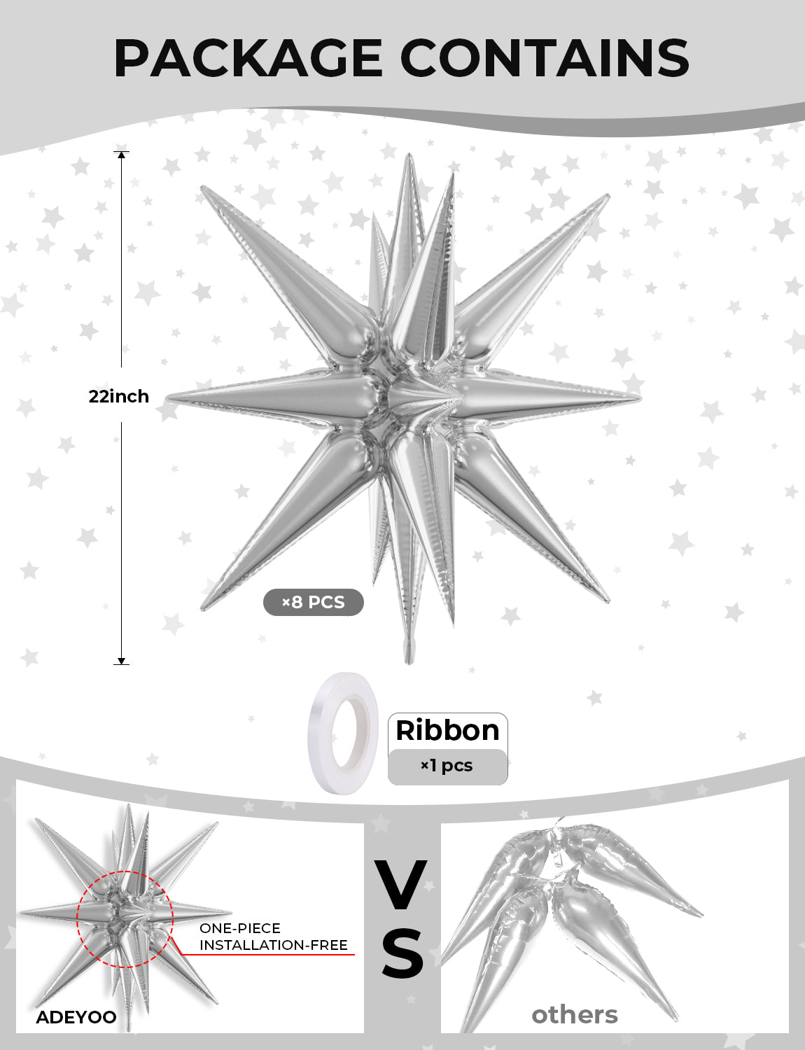 Silver Star Balloons,One-Piece 14-Pointed Starburst Balloons Explosion Star Balloons Huge Spike Balloons Cone Mylar Balloons Foil Balloons for Halloween Christmas New Year Party Decorations