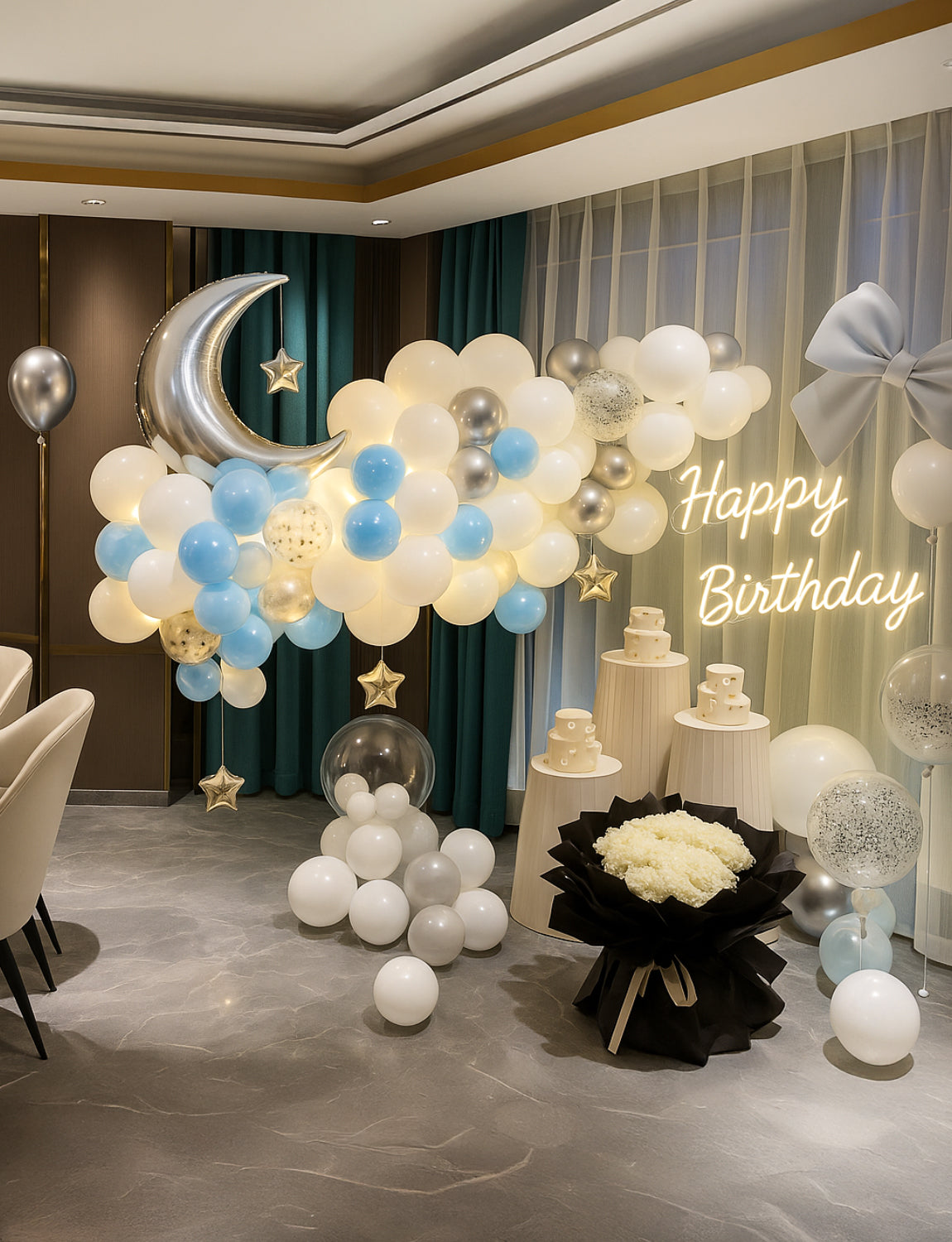 Adeyoo Blue White and Silver Balloons, 58Pcs Silver and White Decorations with String Lights, Light Blue, Confetti Balloon Big Moon Star Foil Balloon for Boys Girls Baby Shower Birthday Party Supplies