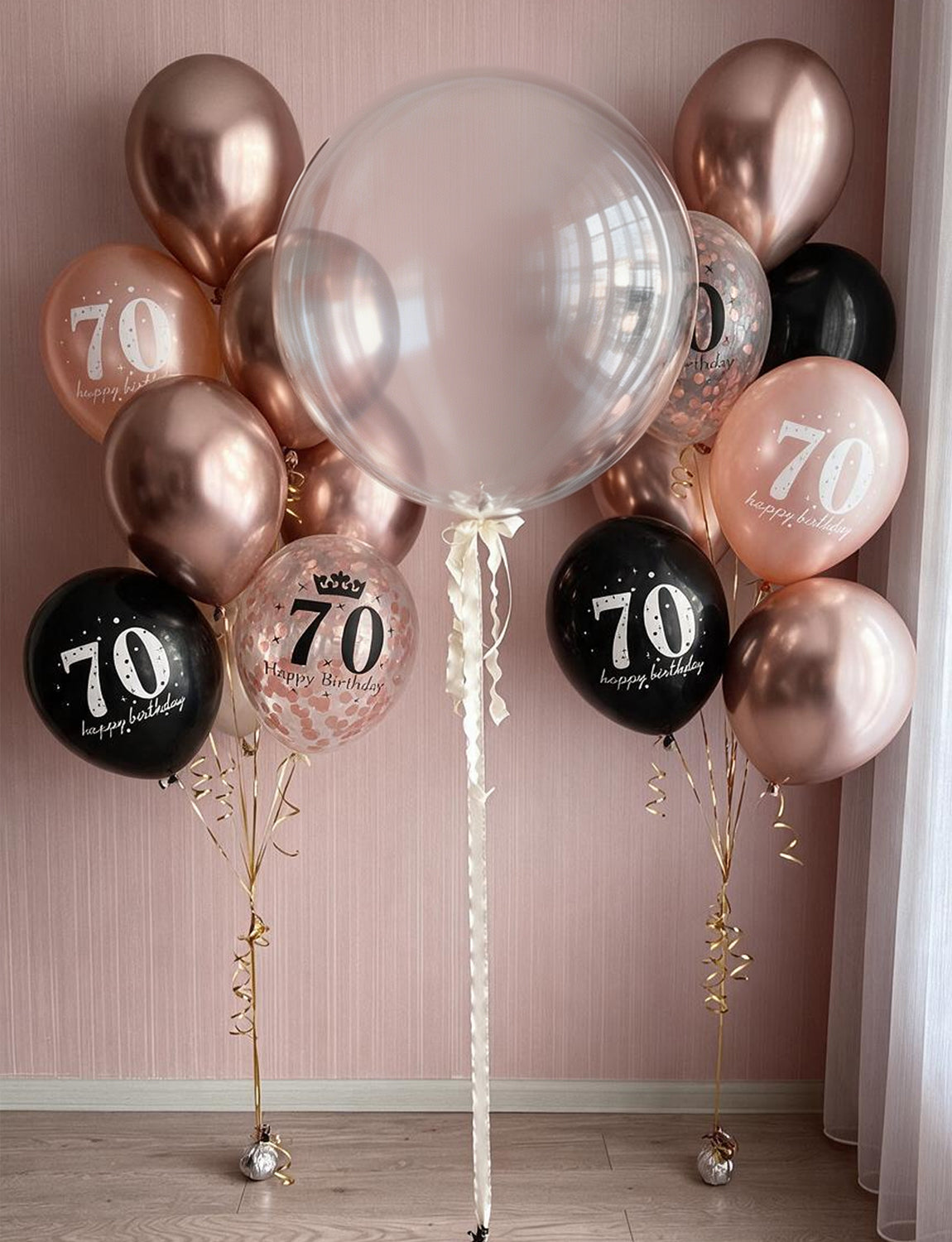 70th Birthday Balloons, Rose Gold and Black Balloons for Party Decor 24 Pcs 12 Inch Happy Birthday Balloons, Metallic and Pearl Rose Gold Balloons with Confetti, 70th Birthday Party Decorations