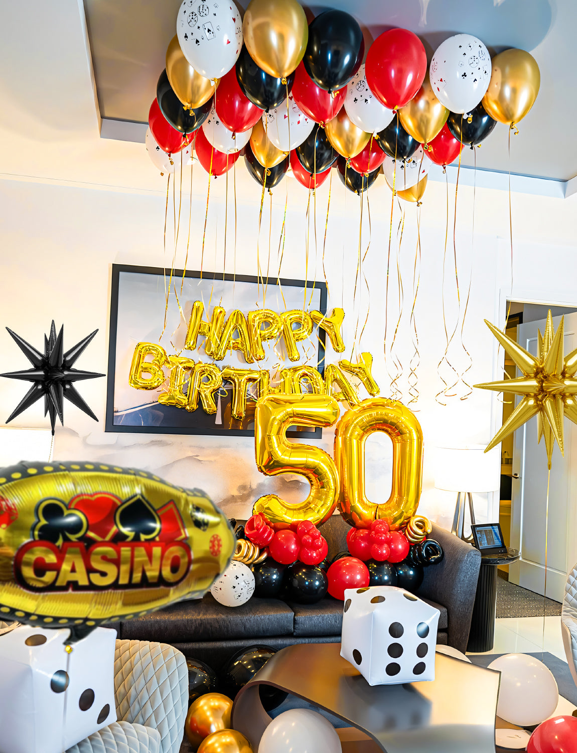 Adeyoo Casino Balloon Arch Garland Kit,149Pcs Casino Balloons Set Red Black and Gold Balloons with Dice, Starburst Foil Balloons for Casino Birthday Las Vegas Game Night Poker Theme Party Decorations