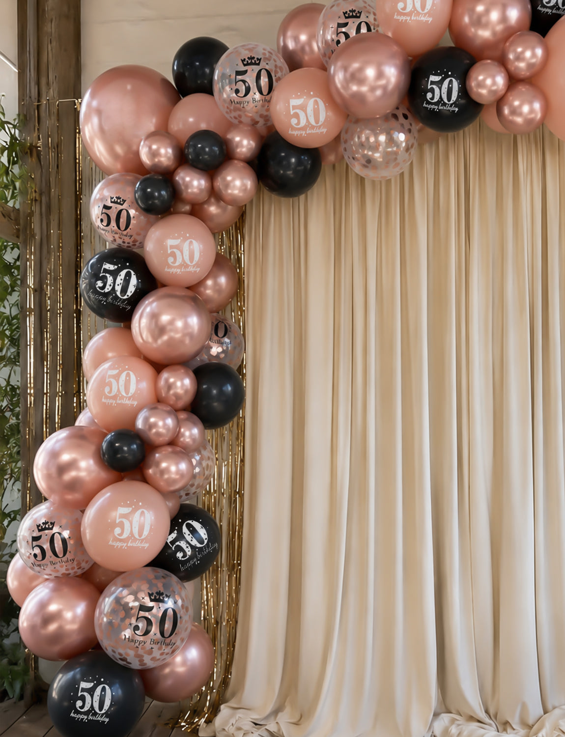 50th Birthday Balloons, Rose Gold and Black Balloons for Party Decor 24 Pcs 12 Inch Happy Birthday Balloons, Metallic and Pearl Rose Gold Balloons with Confetti, 50th Birthday Party Decorations