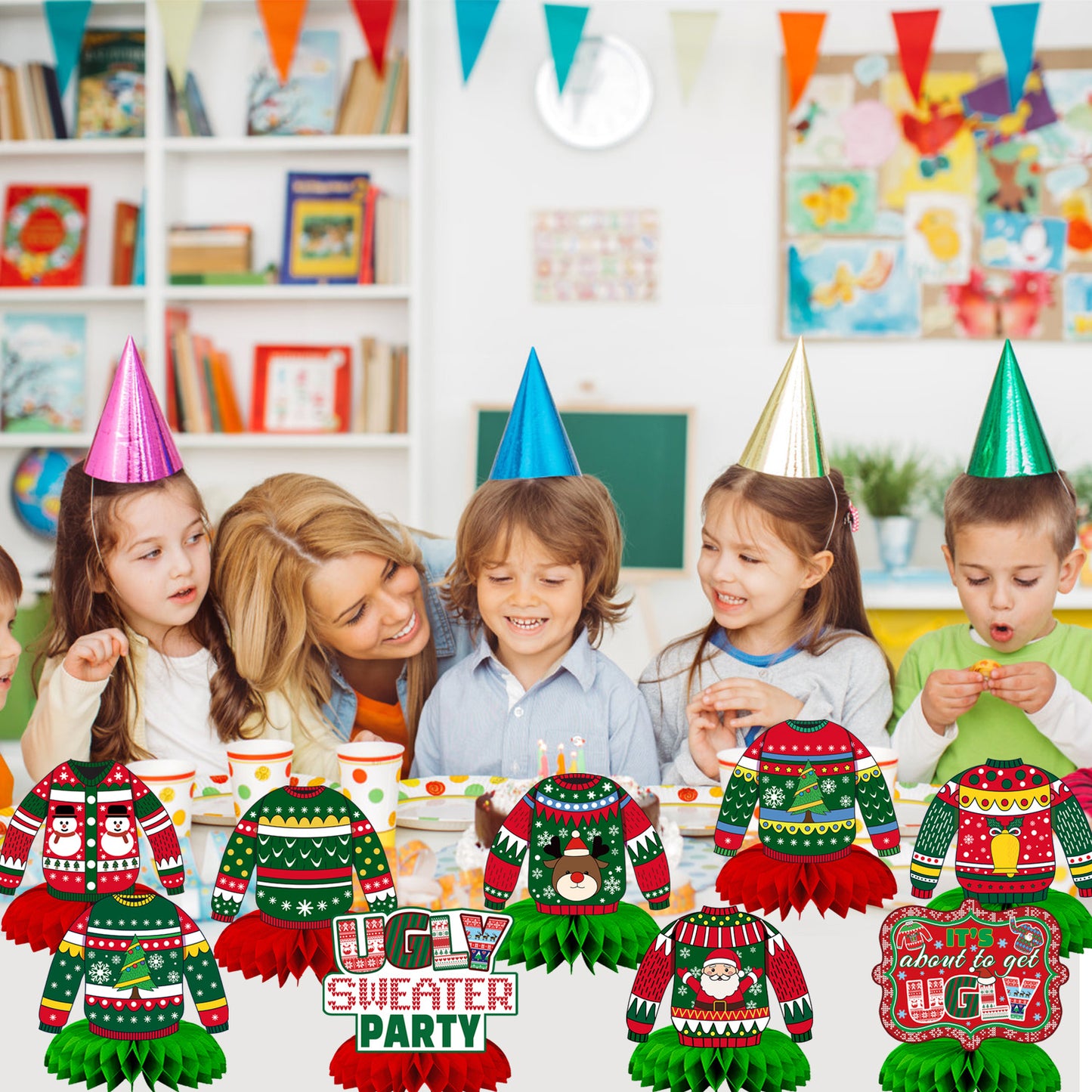 Ugly Sweater Christmas Honeycomb Centerpiece,9Pcs Christmas Table Centerpieces,Ugly Sweater Decorations 3D Xmas Table Topper Christmas Party Centerpieces for Xmas Holiday Party Supplies