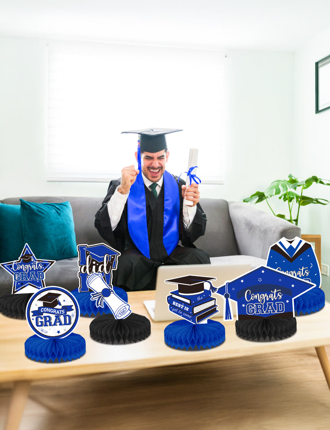 Adeyoo 9Pcs Graduation Table Decorations, Blue and Black Graduation Centerpieces for Tables Congrats Grad Honeycomb Centerpieces Congratulate Table Toppers Grad Party Decorations, Class of 2025 Decor