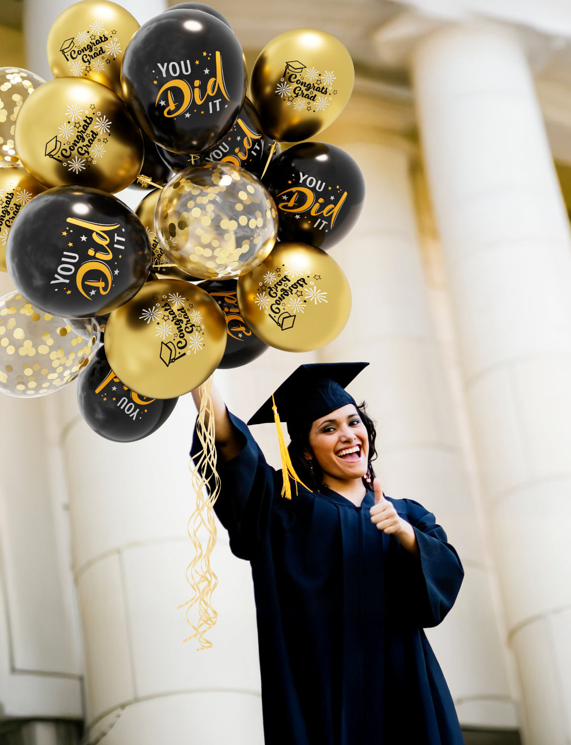 Graduation Balloons, Congrats Grad Balloons 12 Inch Black and Gold Balloon Class of 2025 Gold Confetti Latex Balloon for College High School Happy Graduation Party Decorations Supplies (18Pcs)