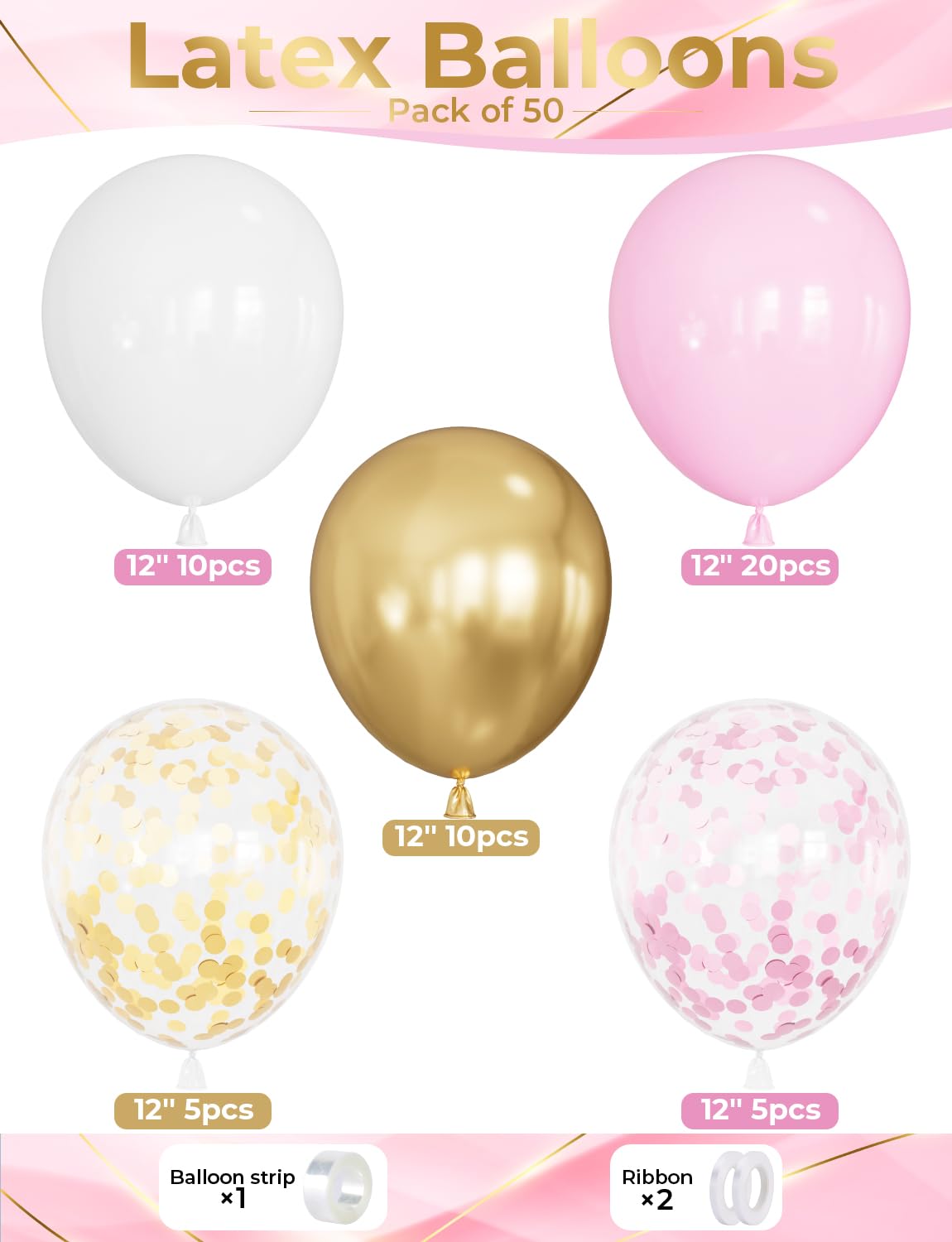 Adeyoo Pink and Gold Balloons Set - 12 Inch Light Pink White Balloons Shiny Metallic Gold Balloon Glitter Confetti Latex Balloon for Girl Women Princess Baby Shower Birthday Wedding Party Decorations