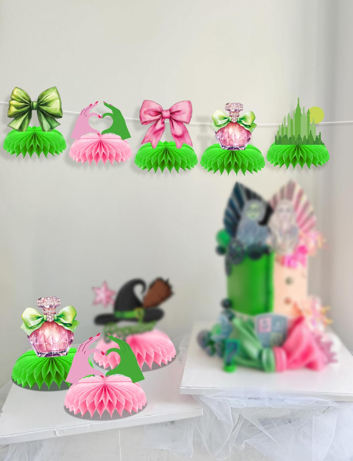 Adeyoo Witch Table Decorations - 9 Pcs Witch Theme Party Decorations Centerpiece for Table Green and Pink Honeycomb Centerpieces Toppers for Princess Birthday Magical Party Supplies