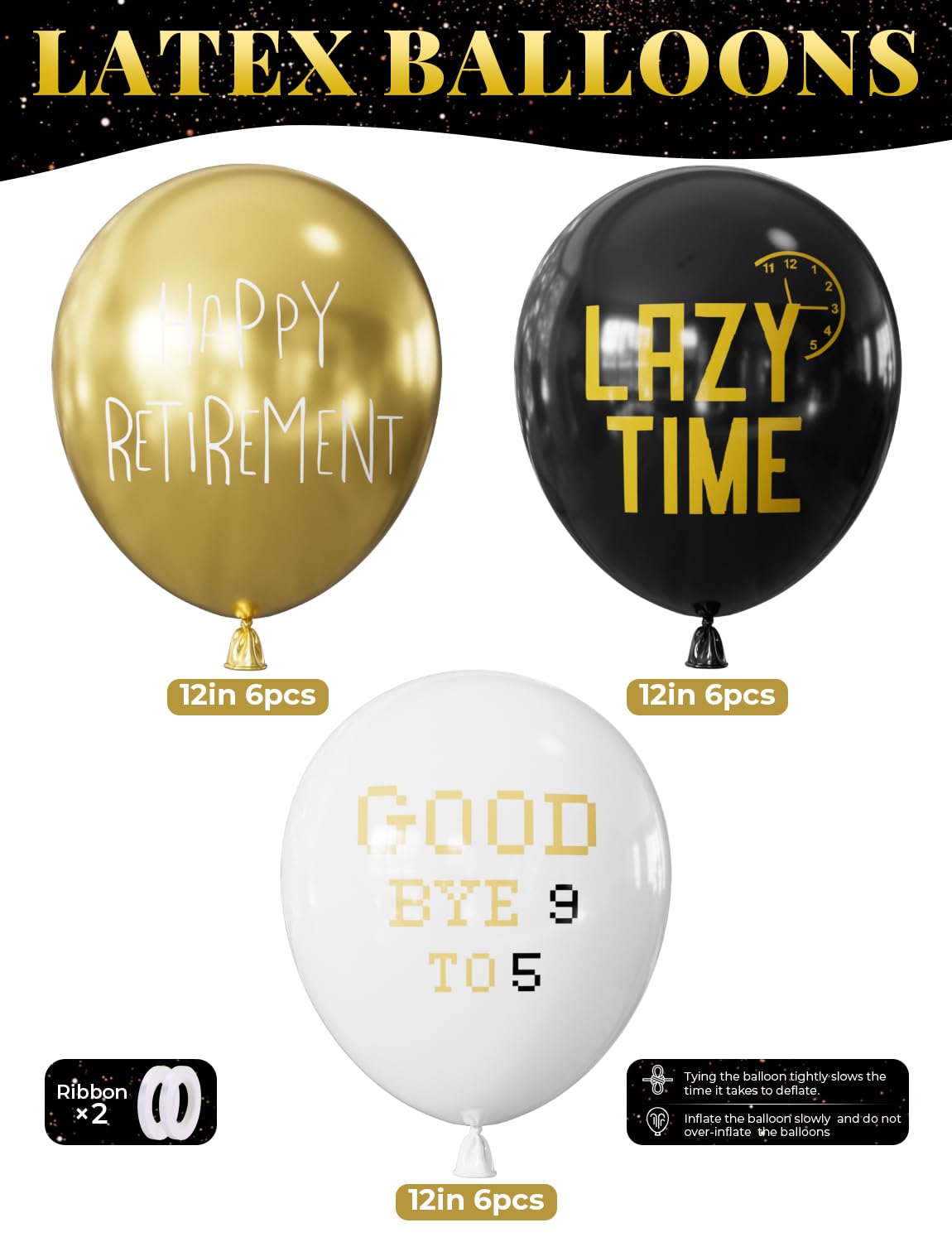 Adeyoo Retirement Balloons - 12 Inch Black Gold and White Balloons Funny Happy Retirement Decorations Print Latex Balloon for Men Women Coworkers Goodbye Farewell Party Supplies, Indoor Outdoor