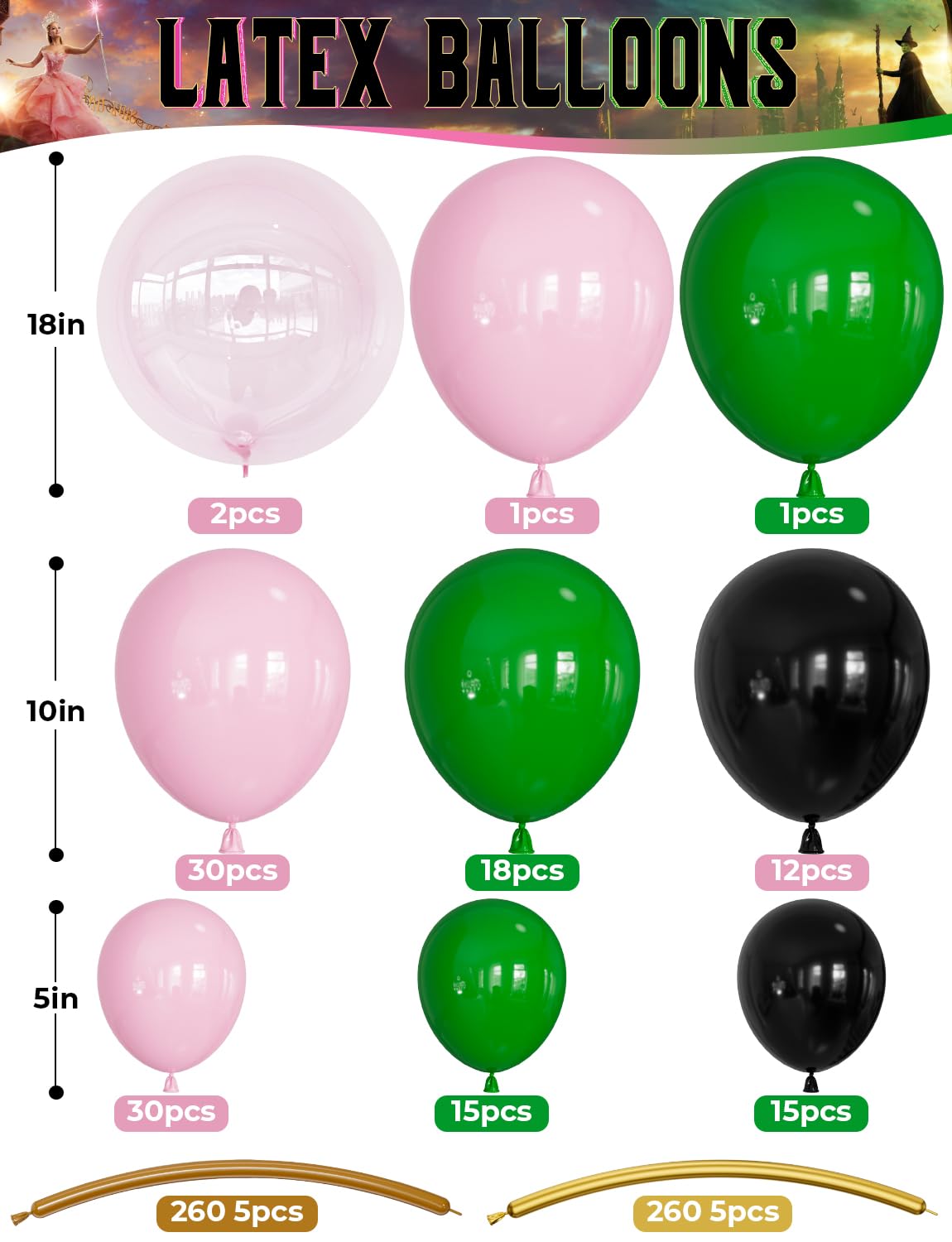 Adeyoo Pink and Green Balloon Garland Arch Kit - Wicked Balloon Arch with Foil Fringe Curtains, Witch Hat Balloons Crown Star Broom Balloons for Princess Wicked Birthday Fairy Wonderlad Party Supplies