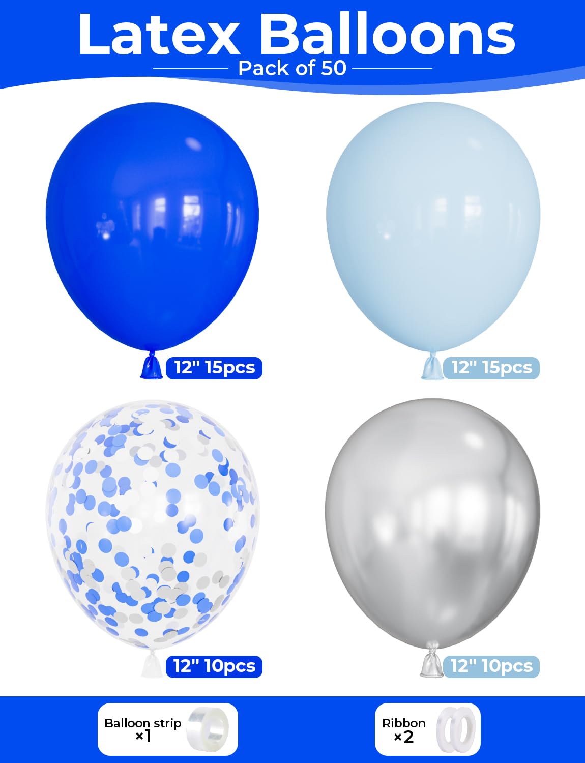 Adeyoo Royal Blue and Silver Balloons - Pastel Royal Blue Balloons Set Metallic Silver Balloon Glitter Silver Confetti Latex Balloon for Birthday Baby Showers Wedding Nautical Party Decorations