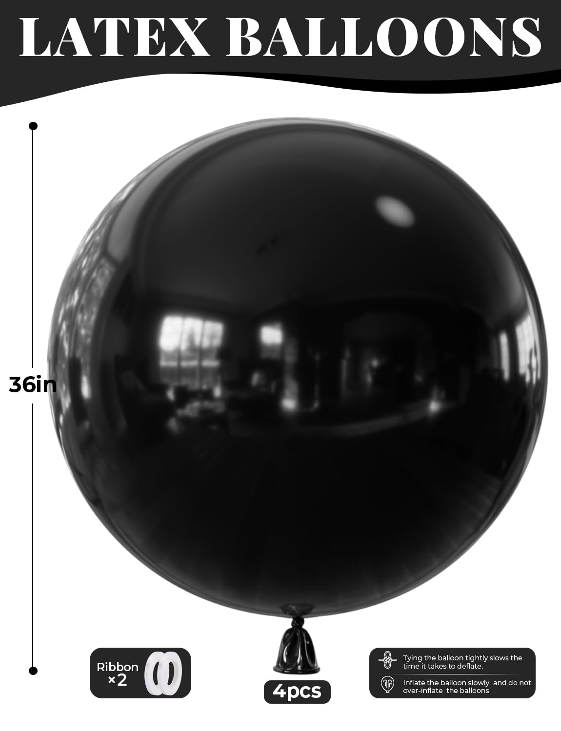Adeyoo 36 Inch Black Balloons - Giant Balloons Jumbo Black Latex Balloon Extra Large Round Balloon for Birthday Anniversary Retirement Wedding Party Decorations (4Pcs), Photo Shoot
