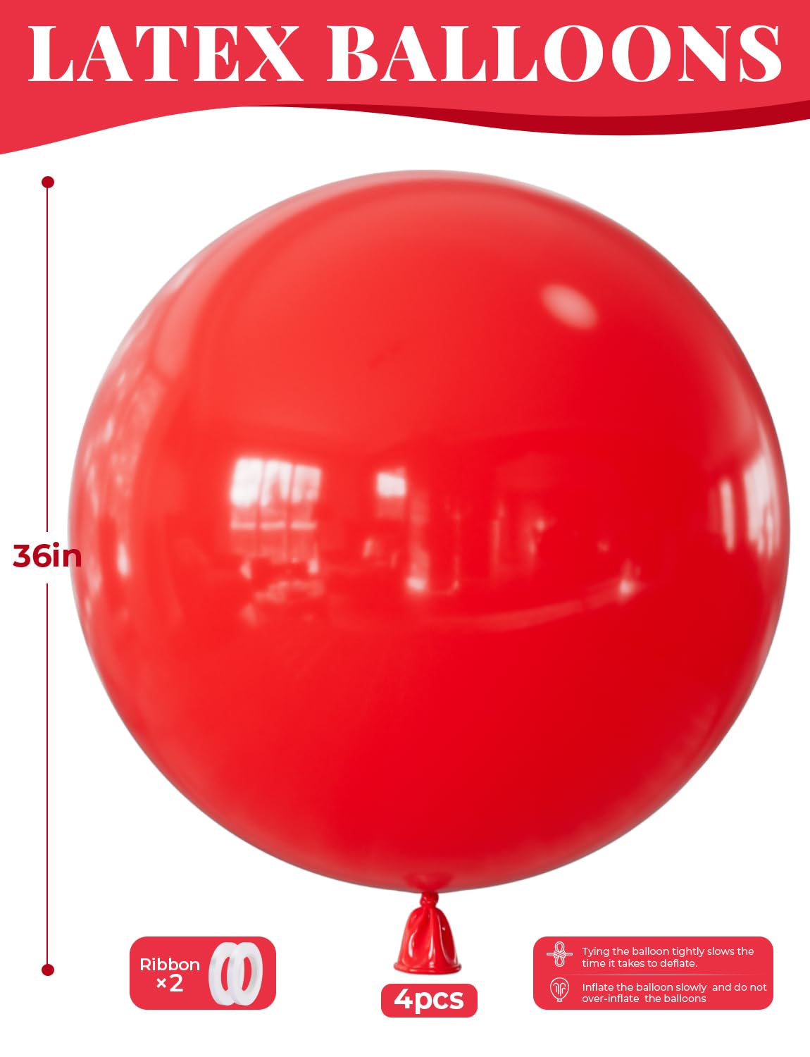 Adeyoo 36 Inch Red Balloons - Giant Balloons Jumbo Red Latex Balloon for Garland or Arch Extra Large Round Balloon for Anniversary Engagement Wedding Birthday Party Decorations (4Pcs), Photo Shoot