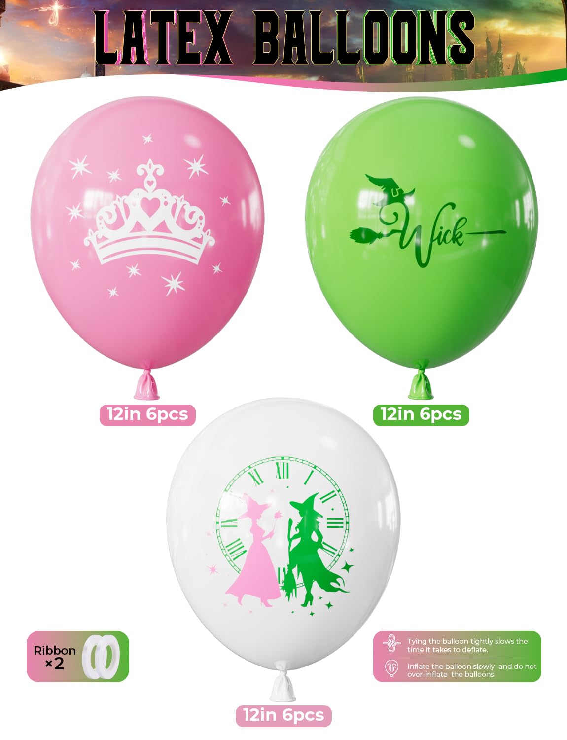 Adeyoo Pink and Green Balloons- Witch Themed Balloons 12 Inch Print Latex Balloon Set with White Balloon Witch Birthday Party Decorations for Princess Baby Shower Fairy Jungle Wedding Party Supplies