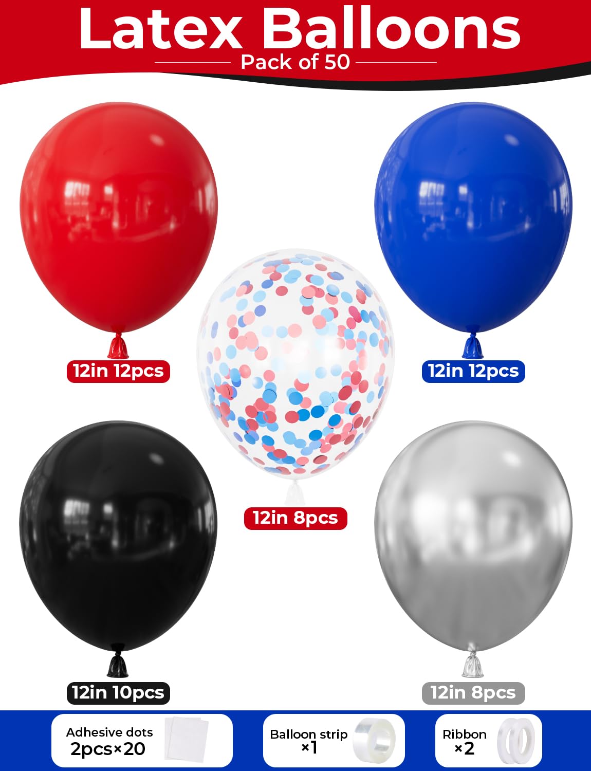 Adeyoo Black Red and Blue Balloons - 12 Inch Red Black Balloons Royal Blue Latex Balloon Glitter Metallic Silver Confetti Balloon for Man Boys Birthday Baby Shower Spider Theme Party Decoration, 50Pcs