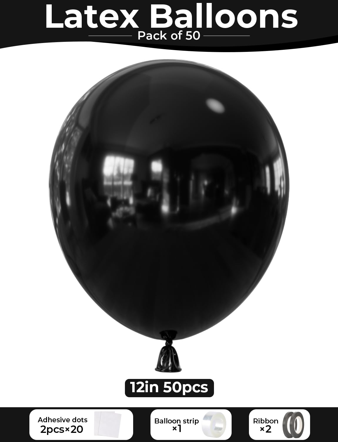Adeyoo Black Balloons 12 Inch - Black Latex Balloons Round Latex Balloon with Ribbons, Shiny Party Balloon for Garland or Arch, Birthday Retirement Wedding Party Decorations, Photo Backdrop Supplies