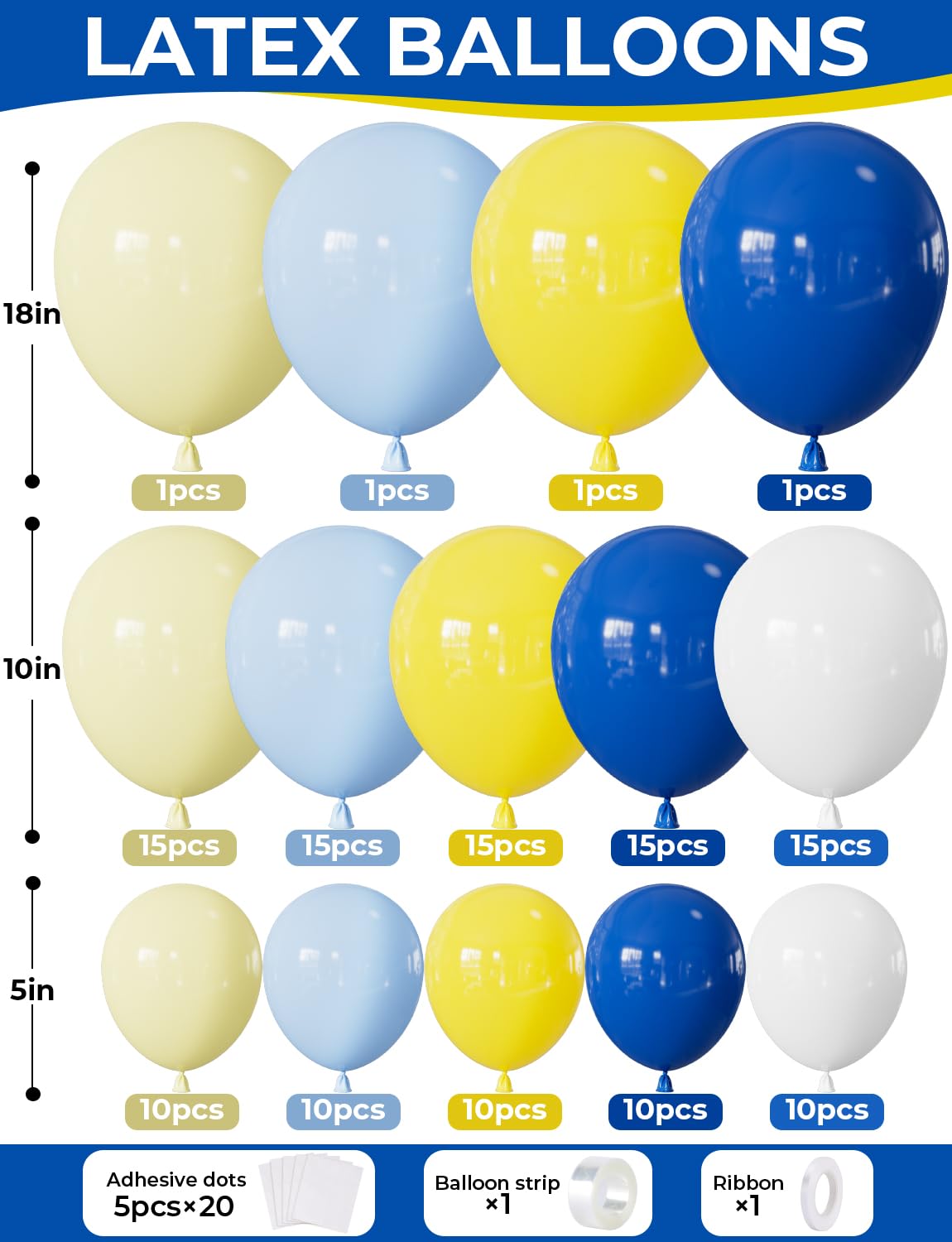 Adeyoo Blue Yellow Balloon Arch Kit Garland - Royal Blue and Yellow Balloons Pastel White Latex Balloon Bright Party Balloon for Birthday Baby Shower Anniversary Wedding Party Decorations