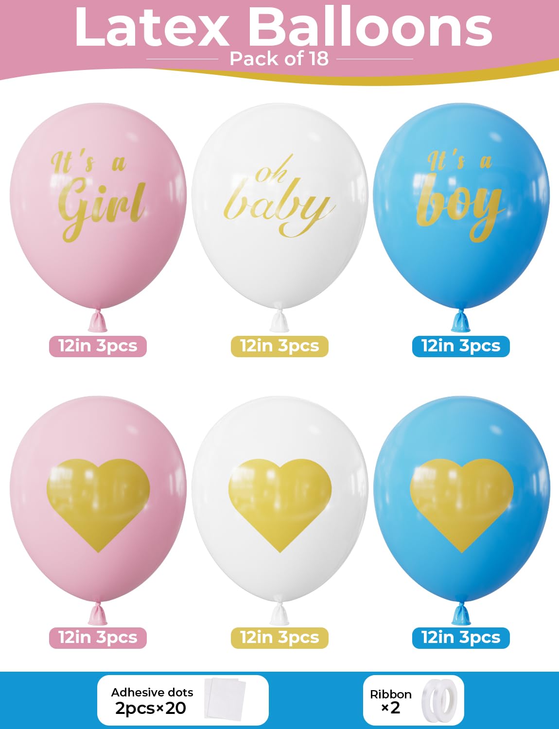 Adeyoo Gender Reveal Balloons - Pink and Blue Balloons 12 Inch Boy or Girl Balloon Pastel Pink Blue White Latex Balloon for Boy or Girl Gender Reveal Baby Shower Party Decorations Supplies (18Pcs)