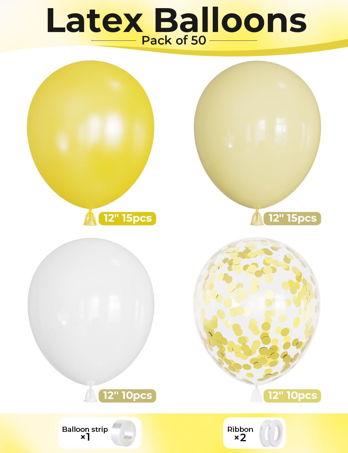 Adeyoo Yellow and White Balloons - 12inch Pastel Yellow Balloons Glitter Gold Confetti Balloon White Party Balloon for Sunflower Honeybee Theme Birthday Baby Shower Party Decorations, Indoor Outdoor