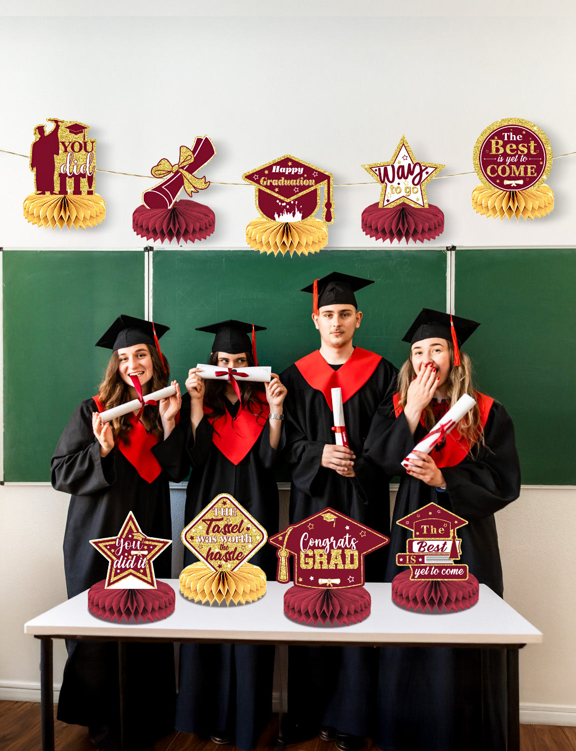 Adeyoo Graduation Table Decorations Class of 2025, 9Pcs Red Gold Honeycomb Centerpiece Graduation Centerpieces for Tables Congrats Grad Table Toppers Congratulate Decorations for Grad Party Supplies