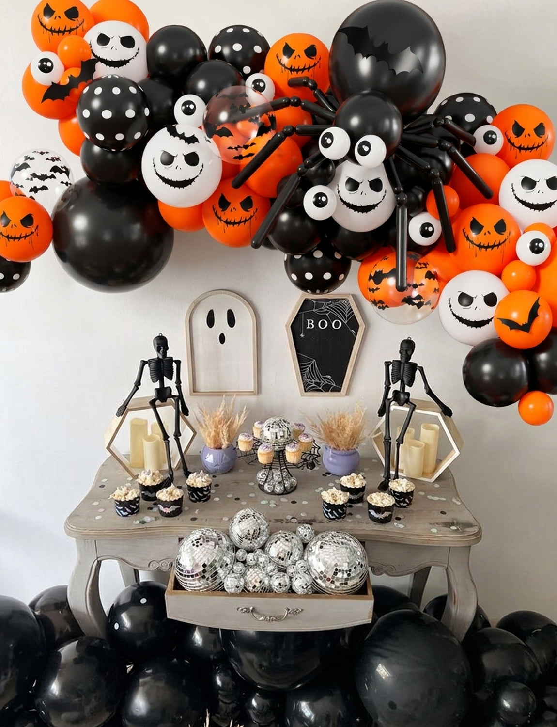 Halloween Balloon Garland Arch Kit, Black Orange White Balloons 134 Pcs Halloween Balloons with Eyeball, Bats and Ghost Face Print, 3D Bat Stickers for Birthday and Spooky Party Decorations