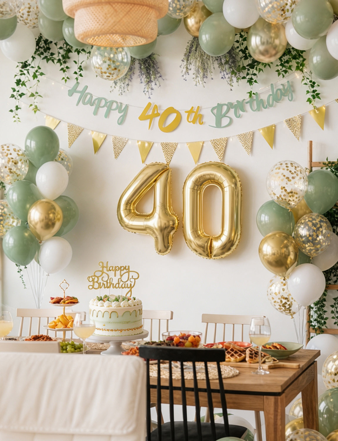 40th Birthday Decoration with Happy 40th Birthday Banner for Women Sage Green Gold White Balloons, Number 40 Foil Balloon, Gold Bunting, Cake Topper for 40th Anniversary Birthday Party Decor