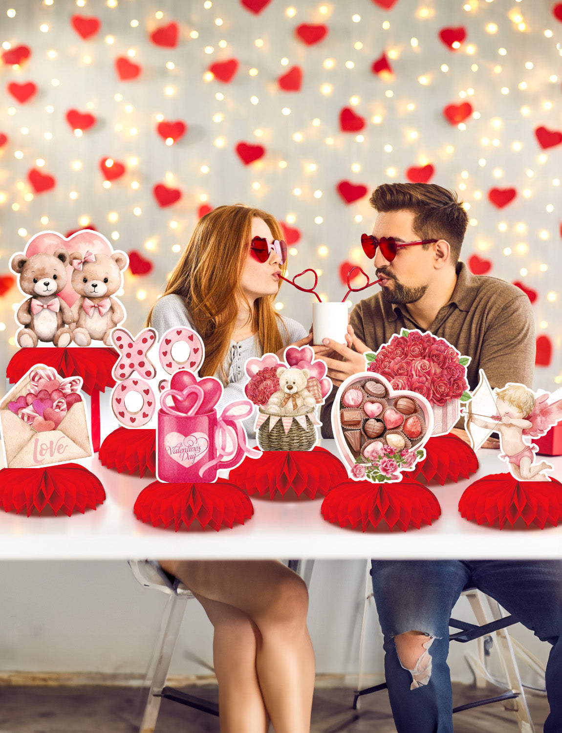 Adeyoo Valentines Day Centerpiece for Table,9Pcs Valentines Honeycomb Centerpieces 3D Valentine Table Decorations Red Pink Heart Bear Valentine Centerpiece Toppers for Valentine Wedding Party Supplies