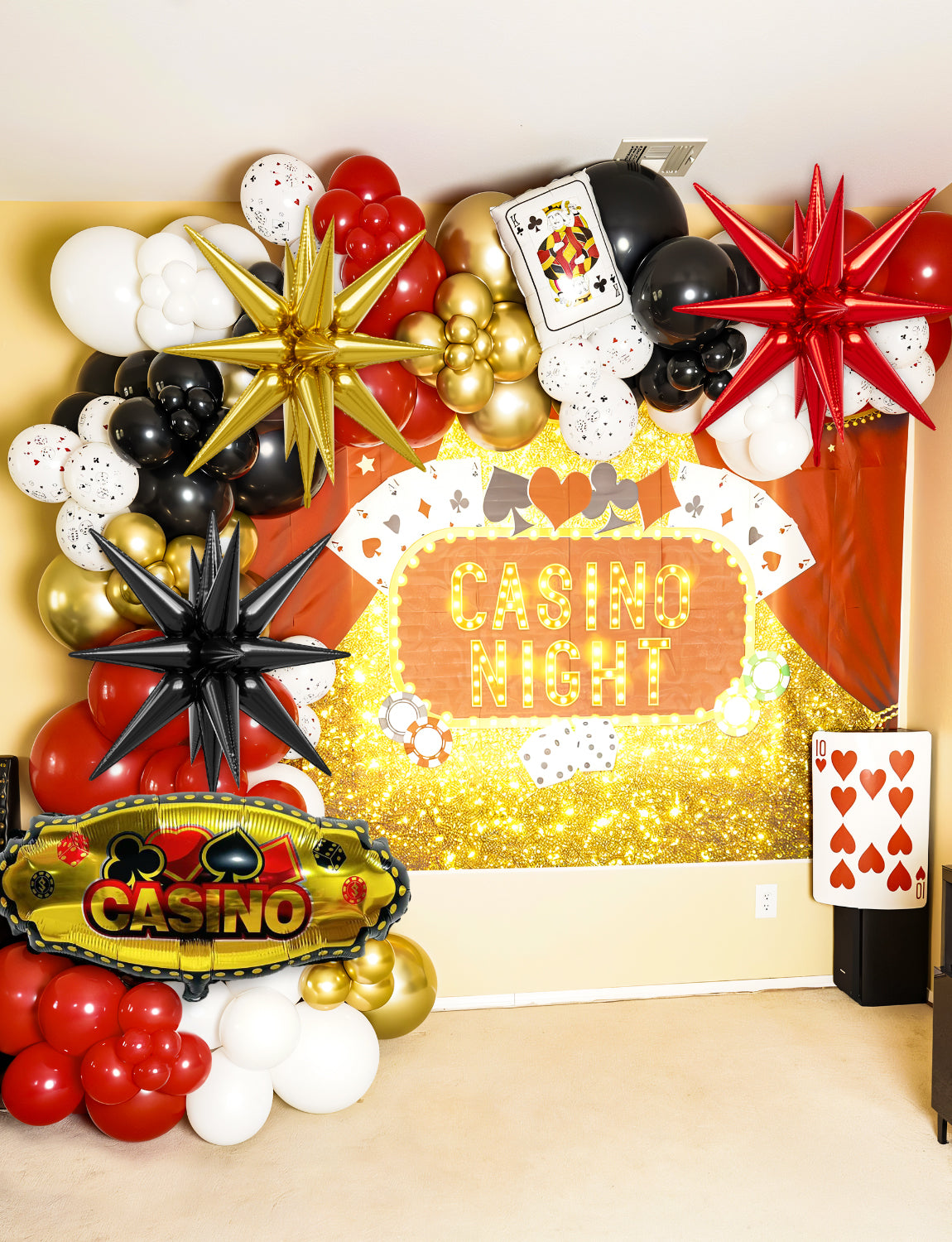 Adeyoo Casino Balloon Arch Garland Kit,149Pcs Casino Balloons Set Red Black and Gold Balloons with Dice, Starburst Foil Balloons for Casino Birthday Las Vegas Game Night Poker Theme Party Decorations