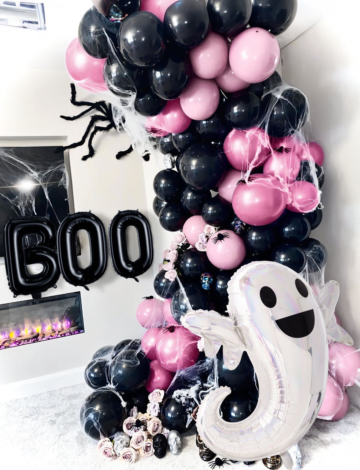 Adeyoo Black Pink Halloween Balloon Garland Arch Kit,122Pcs Halloween Balloons Metallic Red Silver Balloons Large Boo Ghost Foil Balloons Spider Balloons for Girl Birthday Baby Shower Party Decoration