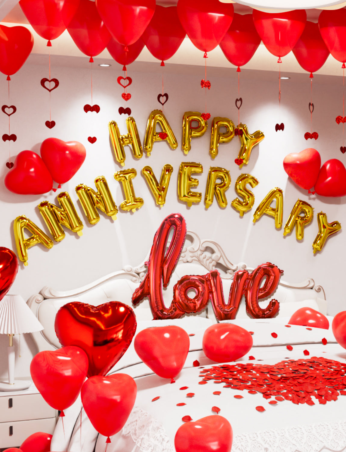 Adeyoo Anniversary Balloons Decorations,Happy Anniversary Banner,Red Heart Shaped Balloons,Large Love Balloons,Rose Petals,Latex Balloons for Romantic Nigh Anniversary Valentines Day Party Supplies