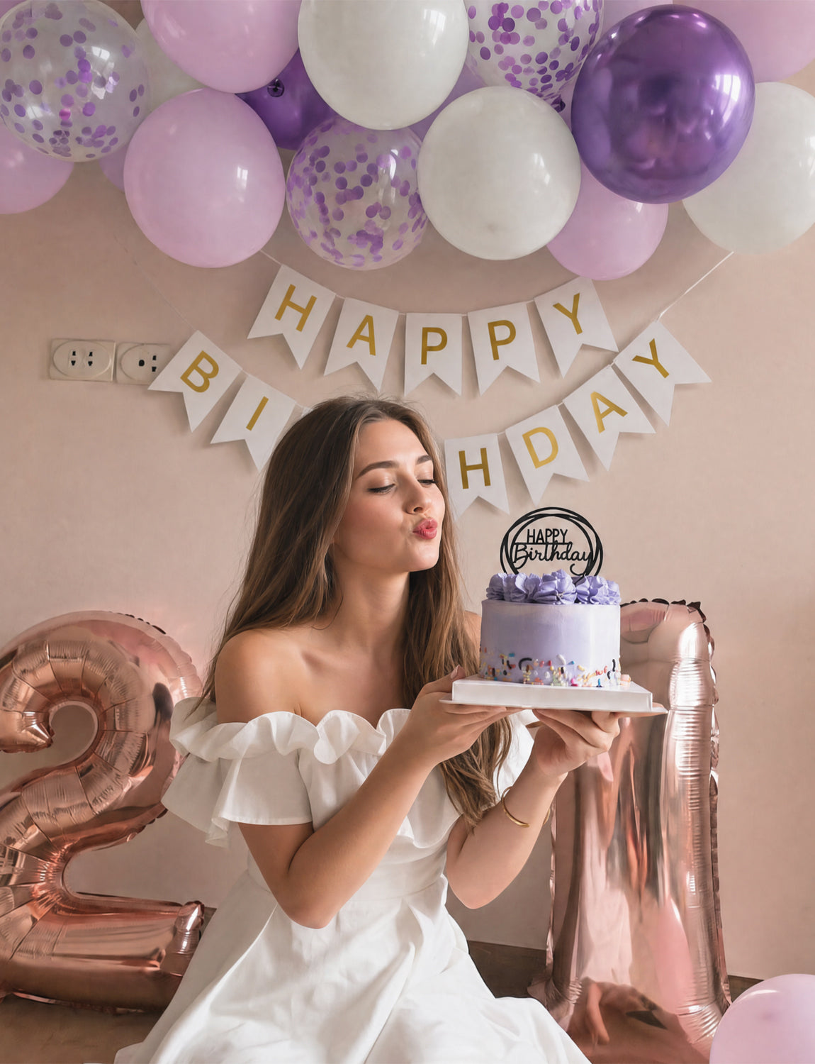 Purple Happy Birthday Banner - Purple Birthday Decorations with 12 Inch Lilac and White Latex Confetti Balloons Reusable Bunting Banner for Girls Women Pet Happy Birth Party Decorations