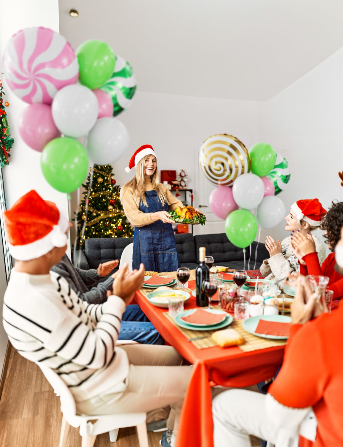 Pink Christmas Balloons 50Pcs Xmas Balloons Set Pink Green White Latex Balloons with Sweet Candy Foil Balloons Green Pink Gold Lollipop Balloons for Christmas Candies Theme Party Decorations