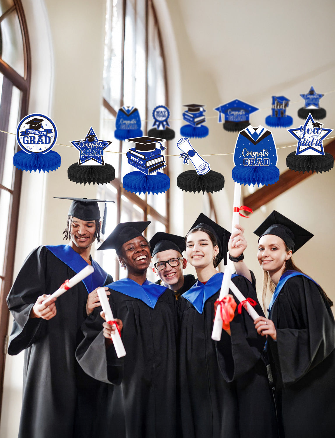 Adeyoo 9Pcs Graduation Table Decorations, Blue and Black Graduation Centerpieces for Tables Congrats Grad Honeycomb Centerpieces Congratulate Table Toppers Grad Party Decorations, Class of 2025 Decor