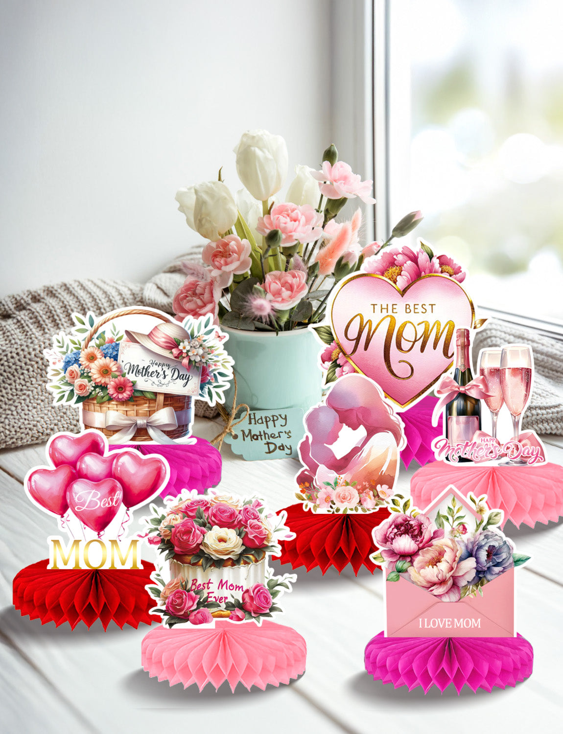 Adeyoo Mothers Day Table Decorations, 9Pcs Mothers Day Centerpieces for Tables, 3D Best Mom Honeycomb Centerpiece Red Pink Flower Table Topper for Happy Mother's Party Supplies, Gifts for Mom