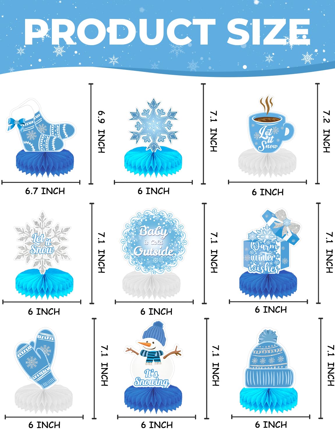 Winter Centerpieces for Table - 9Pcs Snowflake Table Decorations, Let It Snow Party Decorations Snowflake Snowman Honeycomb Centerpieces for Christmas Winter Wonderland Birthday Party Supplies