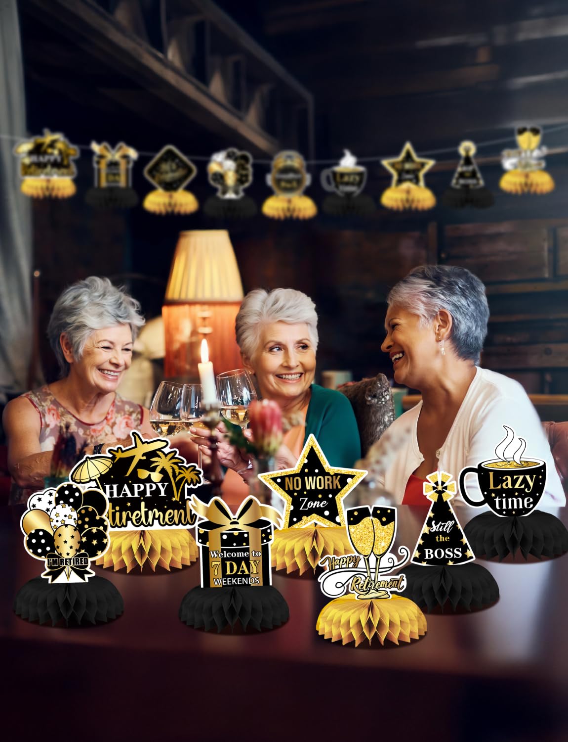 Adeyoo Retirement Table Decorations - Black and Gold Retirement Decorations 9Pcs Retired Honeycomb Centerpieces Table Toppers for Goodbye Farewell Party Supplies for Men Women, Photo Booth Props