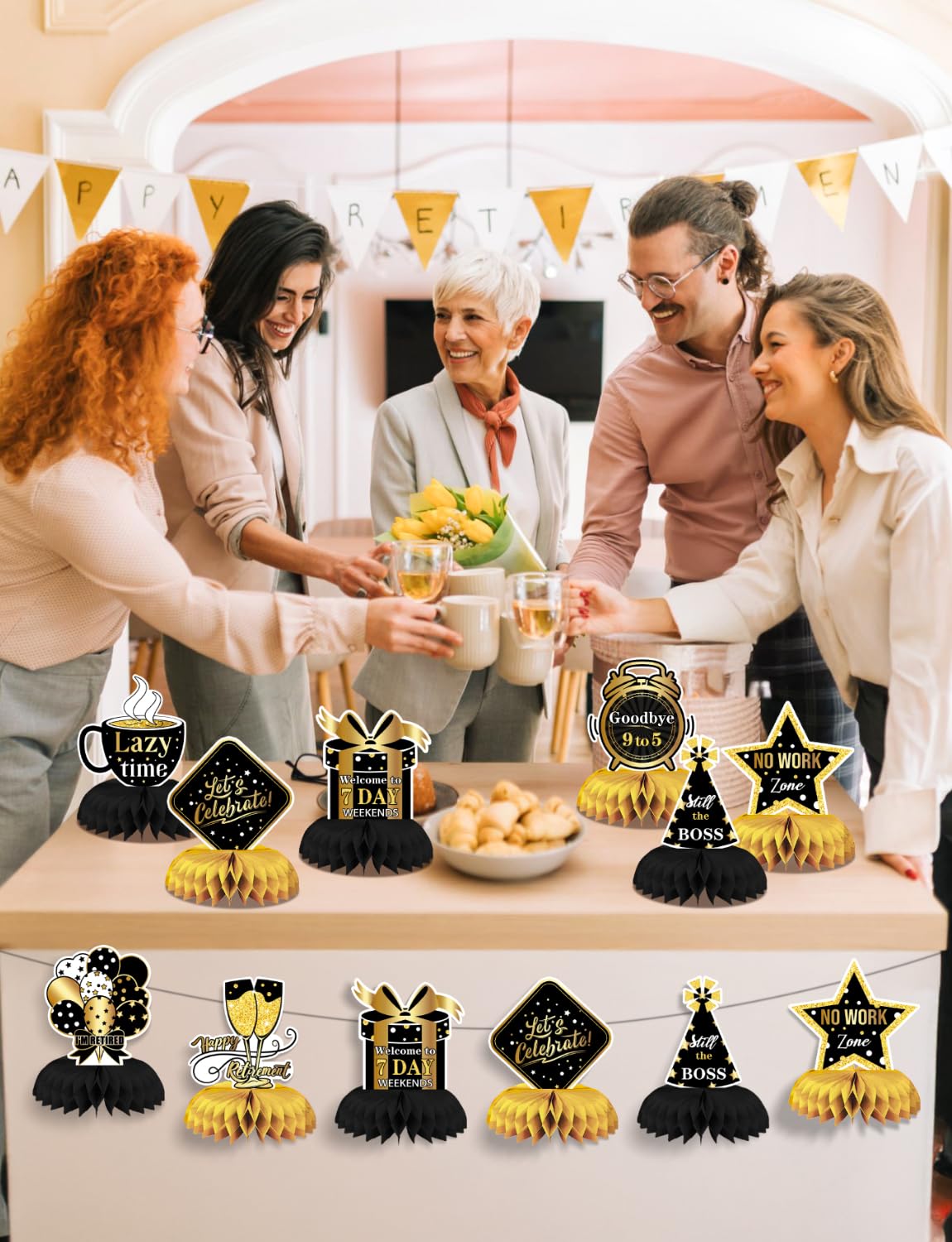 Adeyoo Retirement Table Decorations - Black and Gold Retirement Decorations 9Pcs Retired Honeycomb Centerpieces Table Toppers for Goodbye Farewell Party Supplies for Men Women, Photo Booth Props