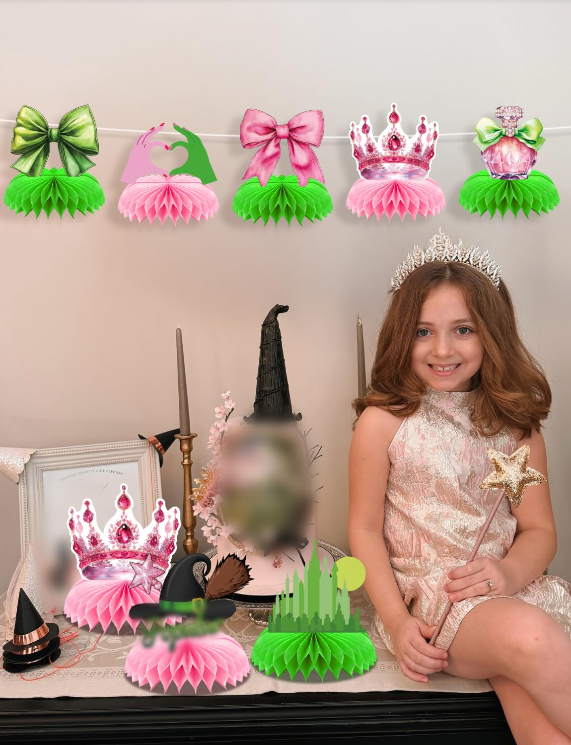 Adeyoo Witch Table Decorations - 9 Pcs Witch Theme Party Decorations Centerpiece for Table Green and Pink Honeycomb Centerpieces Toppers for Princess Birthday Magical Party Supplies
