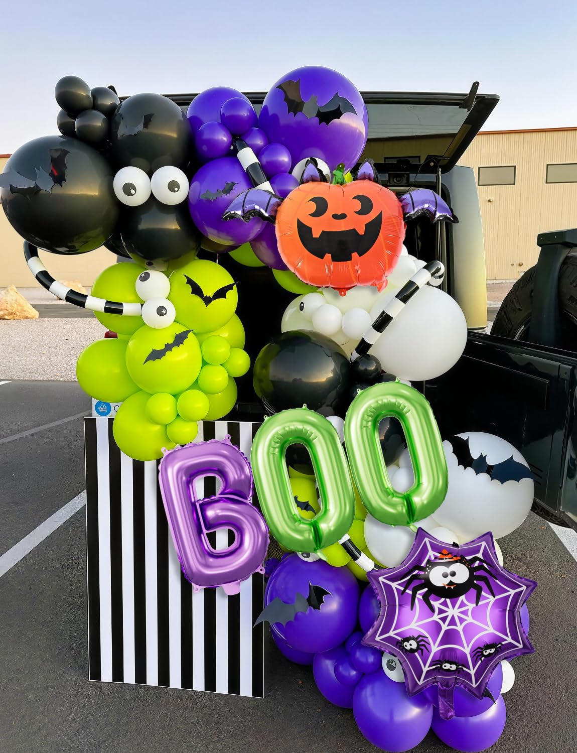 Adeyoo Halloween Balloon Garland Arch Kit - Purple Green Black Balloons with Boo, Bat Foil Balloons Spooky Eyeball Latex Balloon for Halloween Birthday Party Decorations, Indoor Outdoor