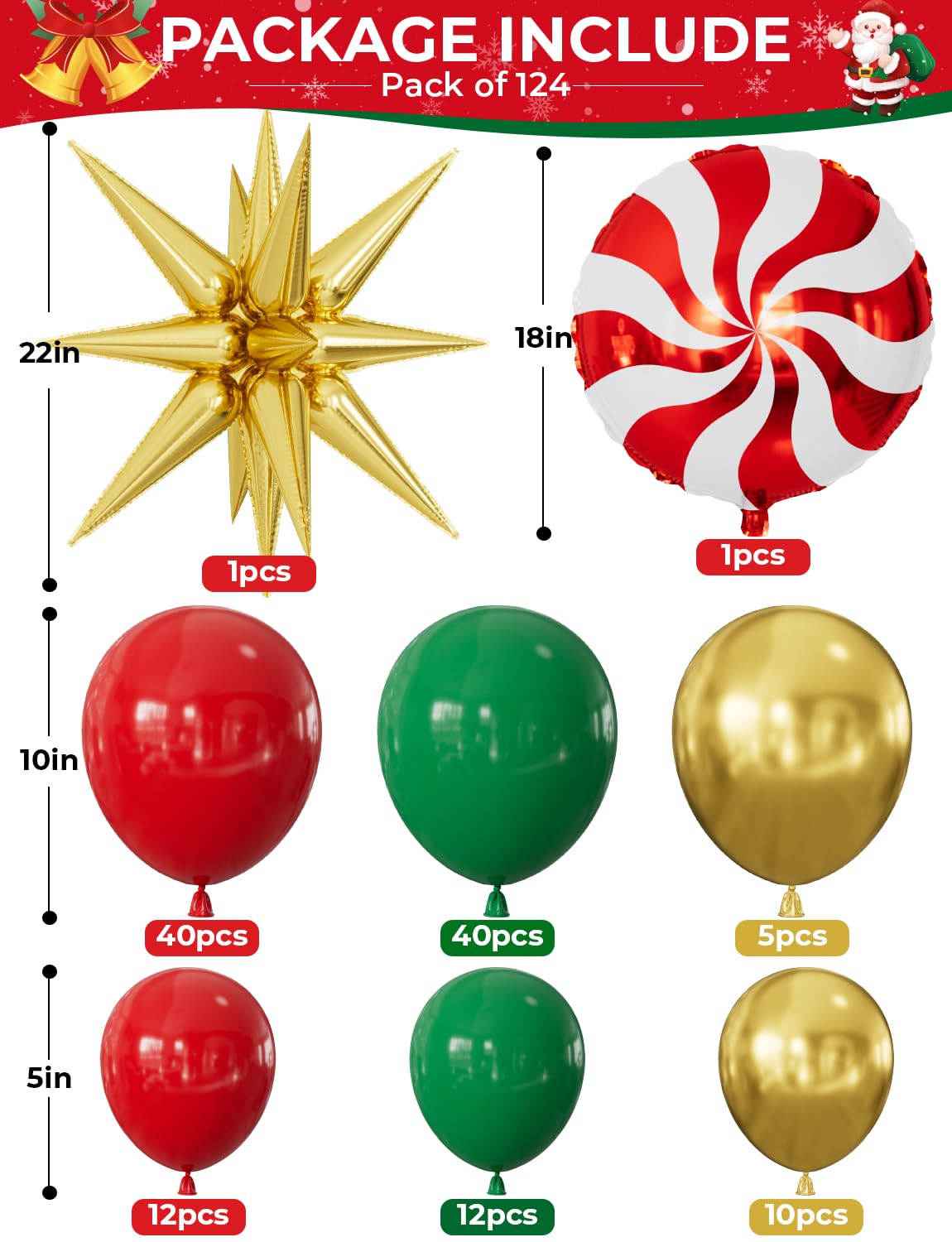 Christmas Balloon Arch Kit Garland - Red Green Gold Christma Balloons with Nutcracker Candy Cane Exploding Star Foil Balloons Xmas Balloon for Xmas Birthday New Year Party Decorations