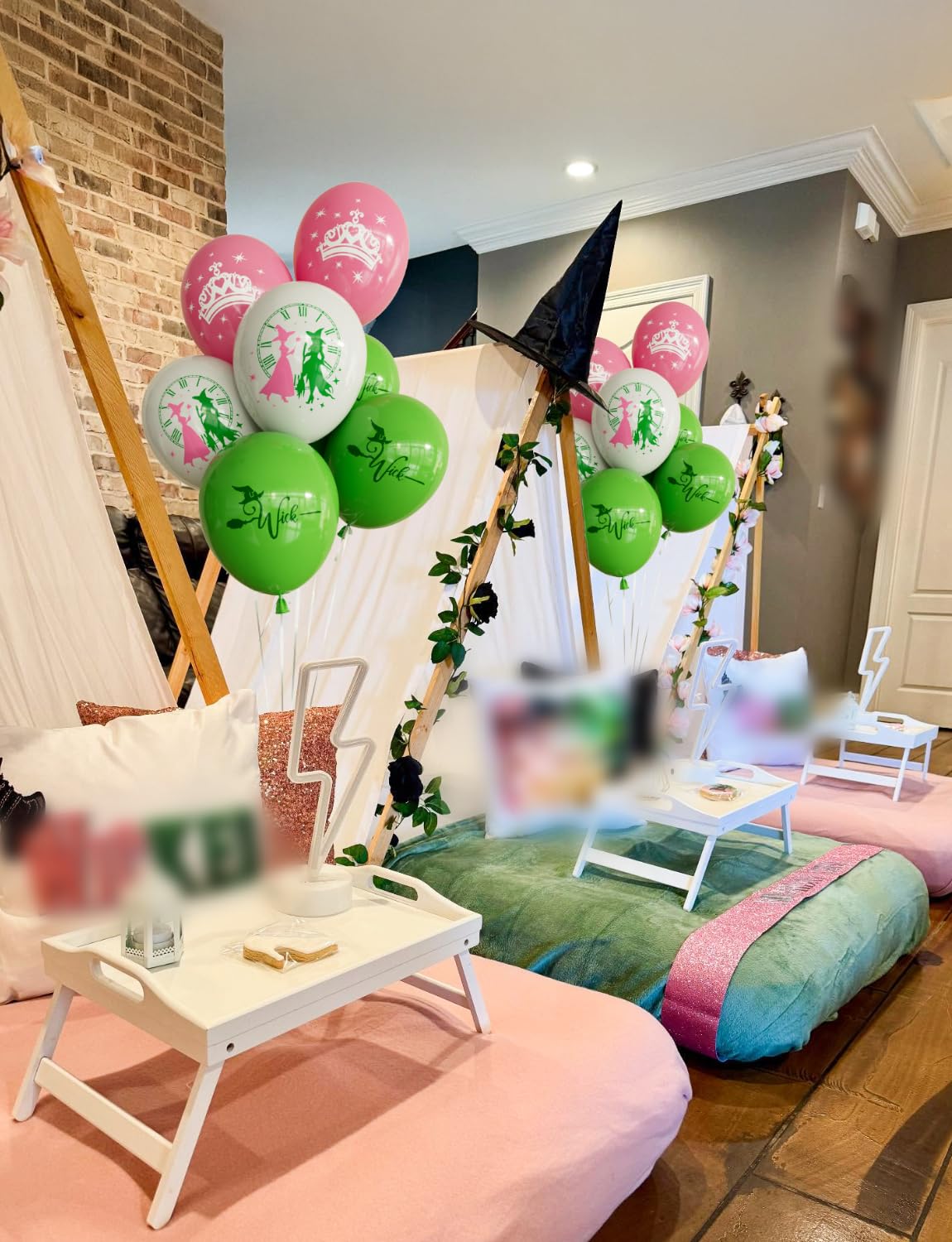 Adeyoo Pink and Green Balloons- Witch Themed Balloons 12 Inch Print Latex Balloon Set with White Balloon Witch Birthday Party Decorations for Princess Baby Shower Fairy Jungle Wedding Party Supplies