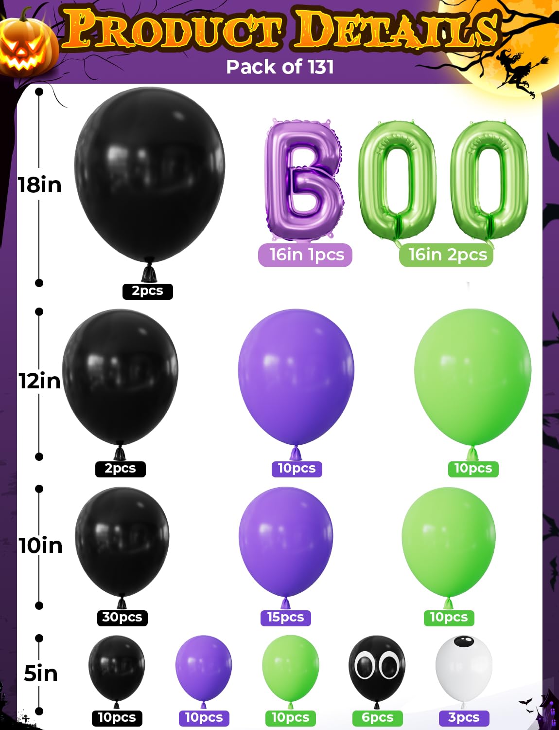 Adeyoo Halloween Balloon Garland Arch Kit - Purple Green Black Balloons with Boo, Bat Foil Balloons Spooky Eyeball Latex Balloon for Halloween Birthday Party Decorations, Indoor Outdoor