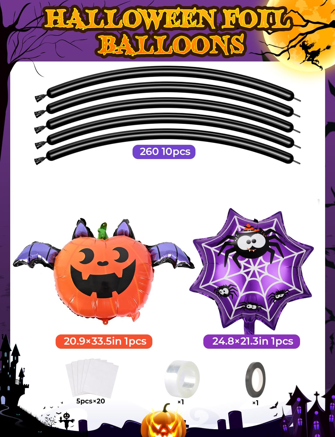 Adeyoo Halloween Balloon Garland Arch Kit - Purple Green Black Balloons with Boo, Bat Foil Balloons Spooky Eyeball Latex Balloon for Halloween Birthday Party Decorations, Indoor Outdoor