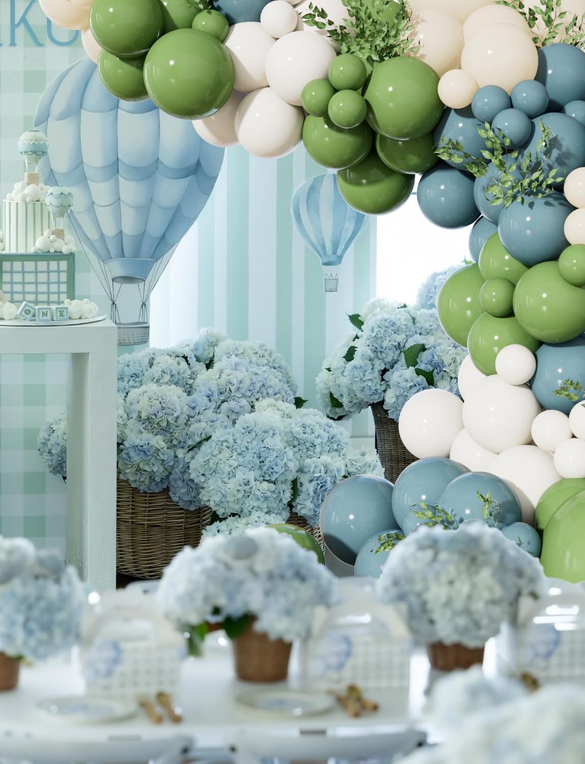 Adeyoo Dusty Blue Sage Green Balloon Arch Kit - Sage Green and White Balloons Dusty Blue Latex Balloon Sand WhiteParty Balloons for Baby Shower Birthday Wedding Jungle Safari Party Decorations, 143Pcs