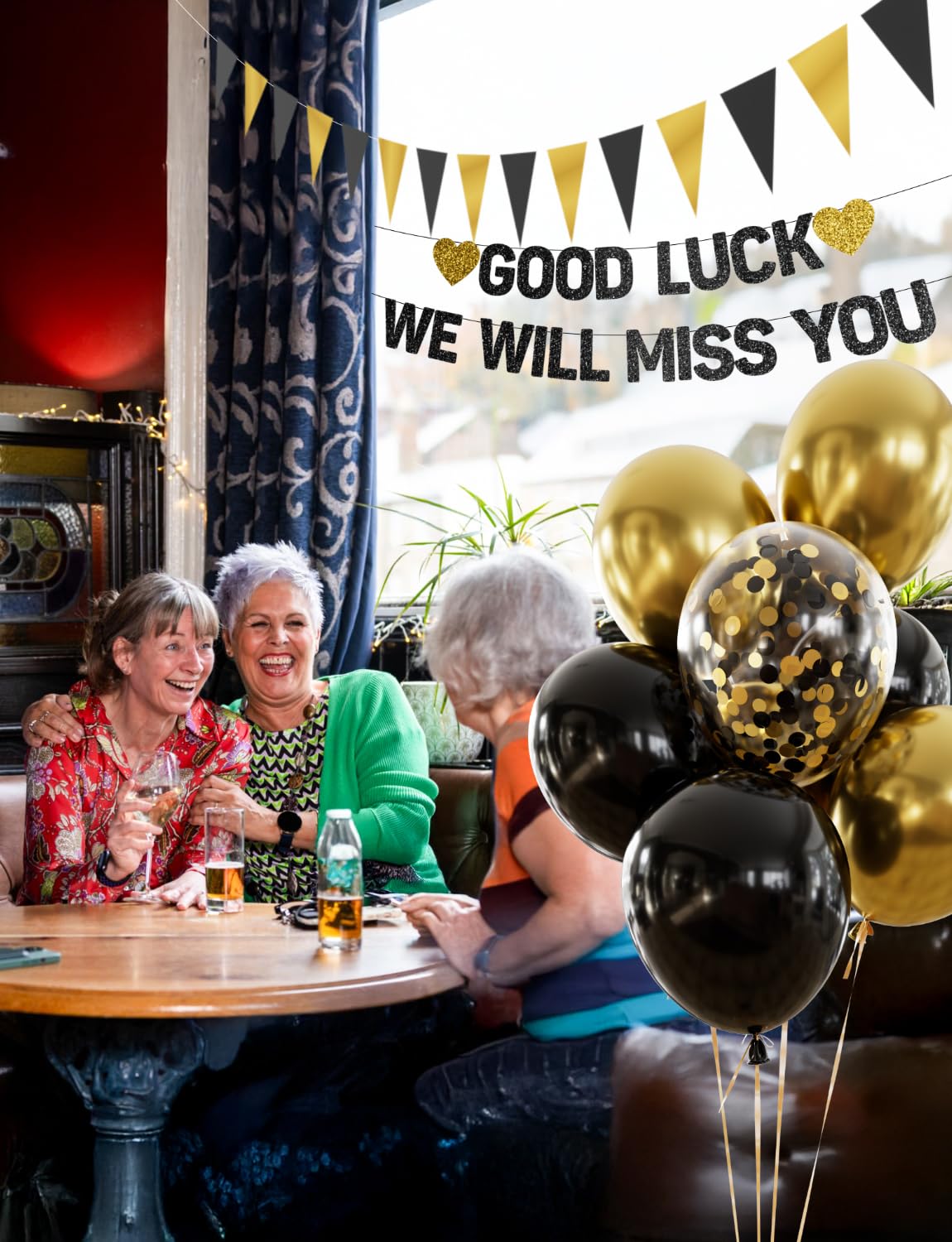 Adeyoo Going Away Party Decorations - Good Luck We Will Miss You Banner Funny Happy Retirement Decorations with Black and Gold Balloons, Triangle Flag for Farewell Goodbye Leaving Job Party Supplies