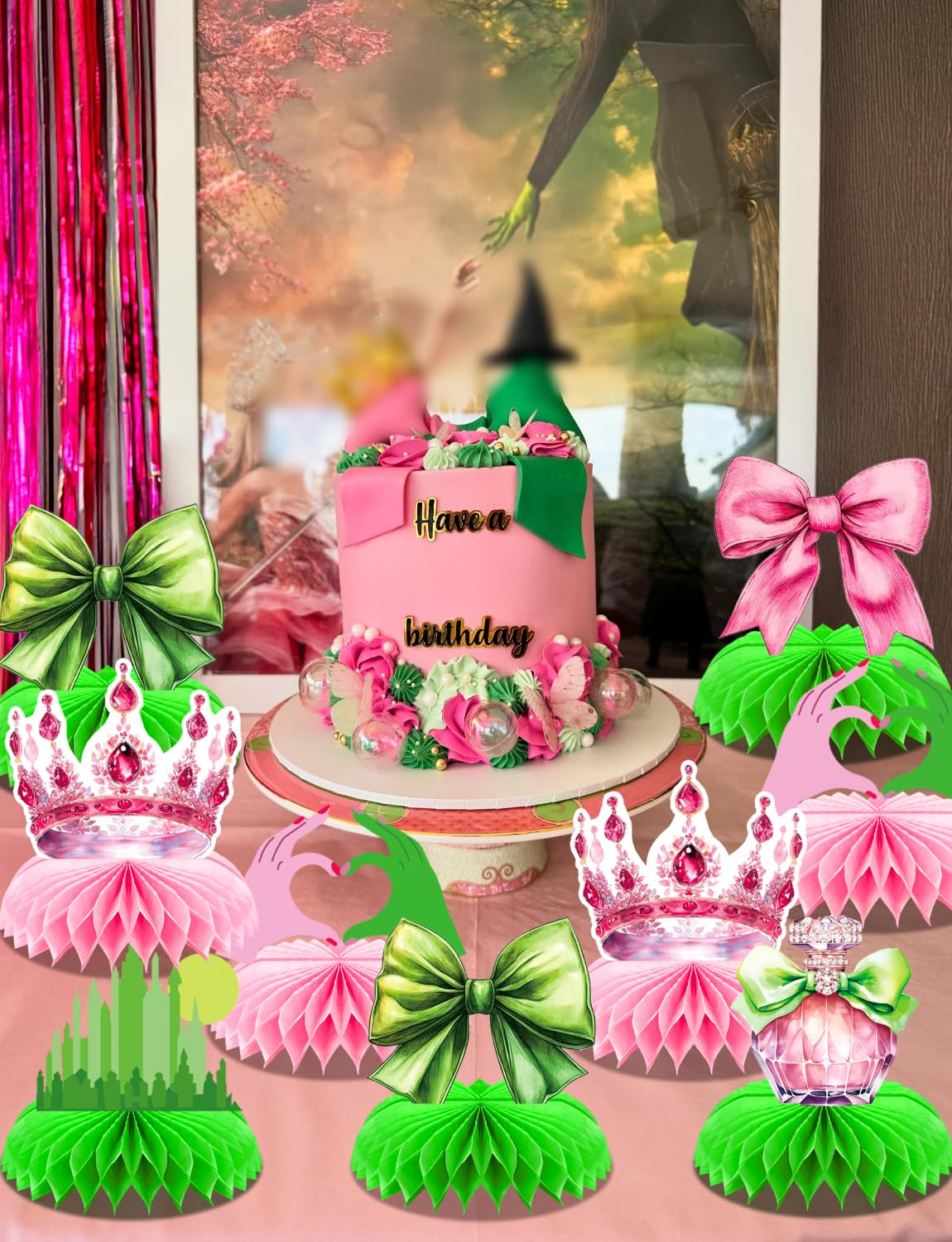 Adeyoo Witch Table Decorations - 9 Pcs Witch Theme Party Decorations Centerpiece for Table Green and Pink Honeycomb Centerpieces Toppers for Princess Birthday Magical Party Supplies