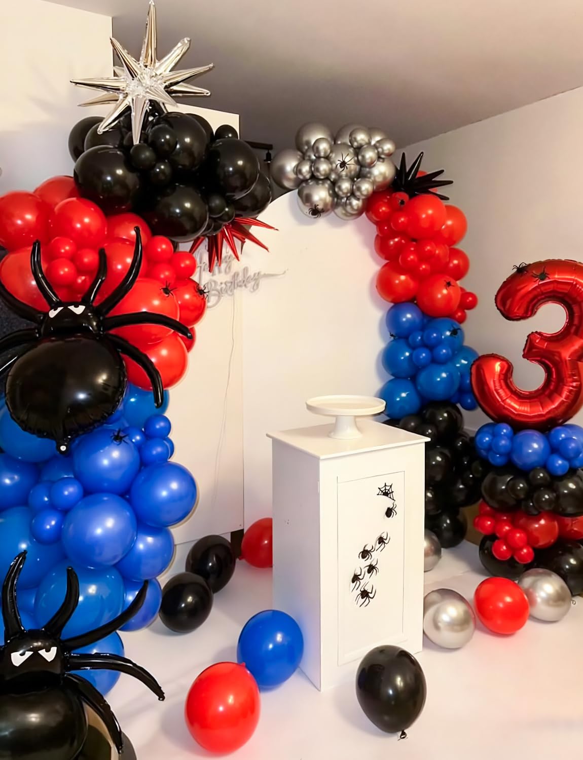 Adeyoo Black Red and Blue Balloons - 12 Inch Red Black Balloons Royal Blue Latex Balloon Glitter Metallic Silver Confetti Balloon for Man Boys Birthday Baby Shower Spider Theme Party Decoration, 50Pcs