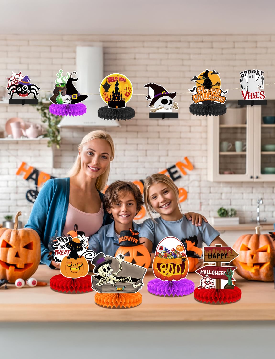 Adeyoo10Pcs Halloween Party Decorations Honeycomb Centerpiece - Halloween Table Decorations Spooky Orange Black Table Centerpieces Pumpkin Ghost Witch Table Topper Decor Indoor Outdoor Supplies