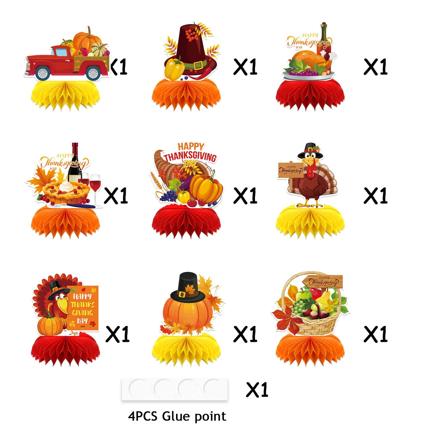 Adeyoo Thanksgiving Table Decorations - 9Pcs Fall Table Decorations 3D Fall Centerpieces for Tables, Turkey Pumpkin Honeycomb Centerpieces Autumn Table Topper for Autumn Thanksgiving Party Supplies